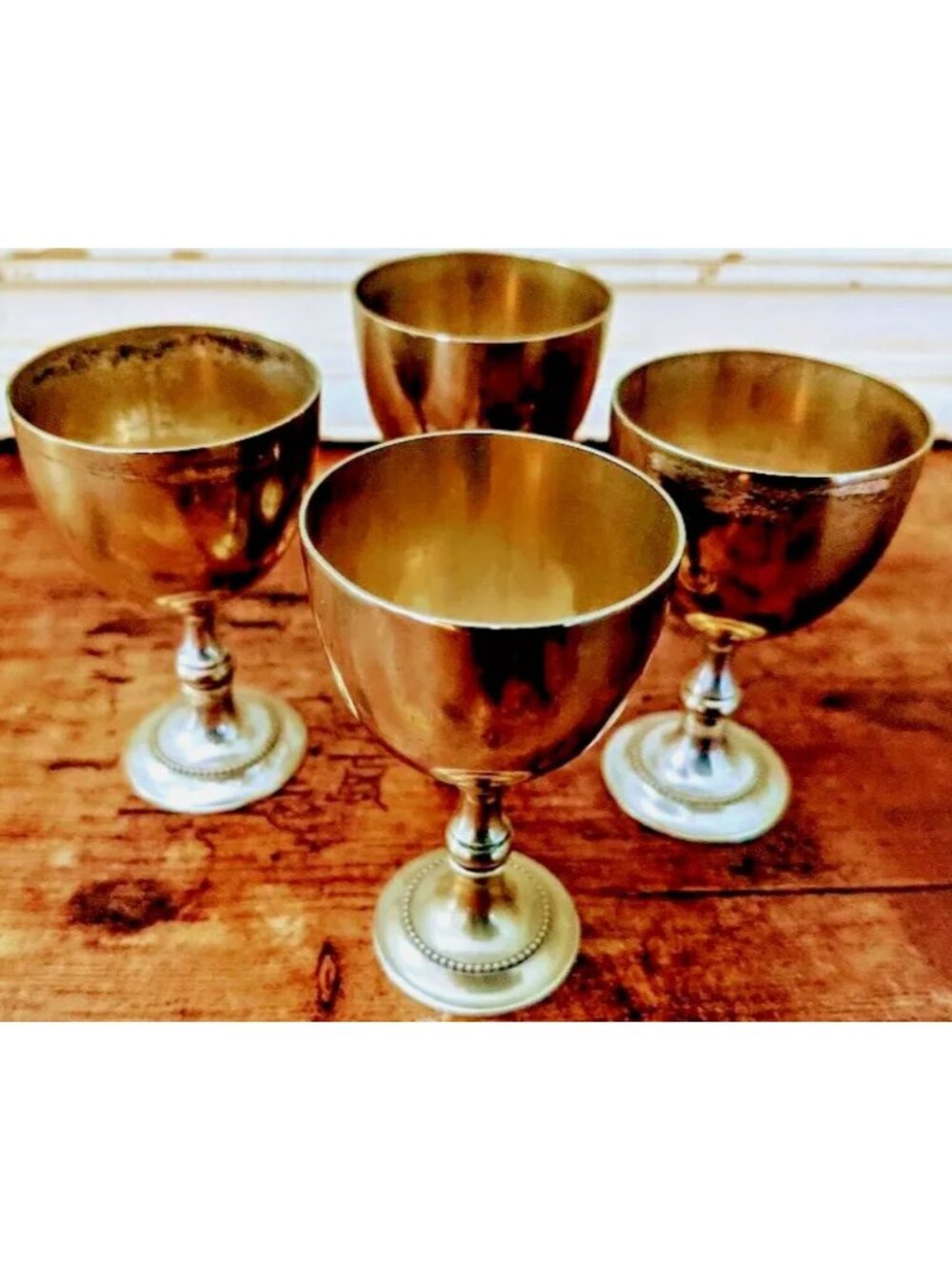 4 Vintage Brass Mini Goblet Shot Glasses – Rustic Patina  2.75" Wide x 1.5" Tall